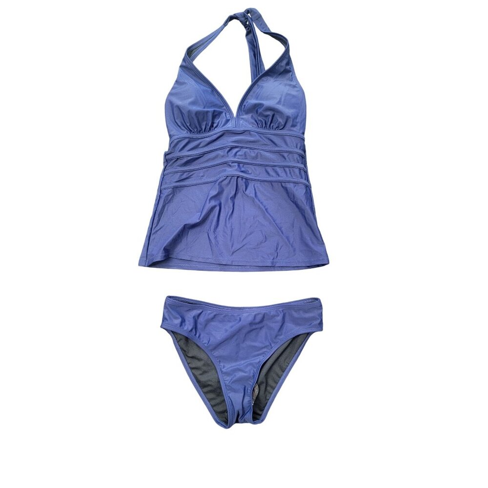 Two-Piece Halter Tankini Set In Blue Nylon & Spandex Blend